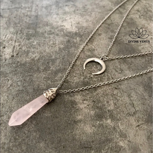 Rose Quartz Crescent Moon Layered Necklace - Picture 8 of 15